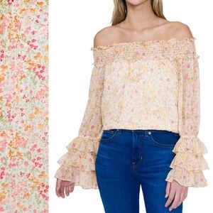 CeCe Chiffon Off-The Shoulder Blouse Ruffle Sleeve Floral Smocked Neckline Lined